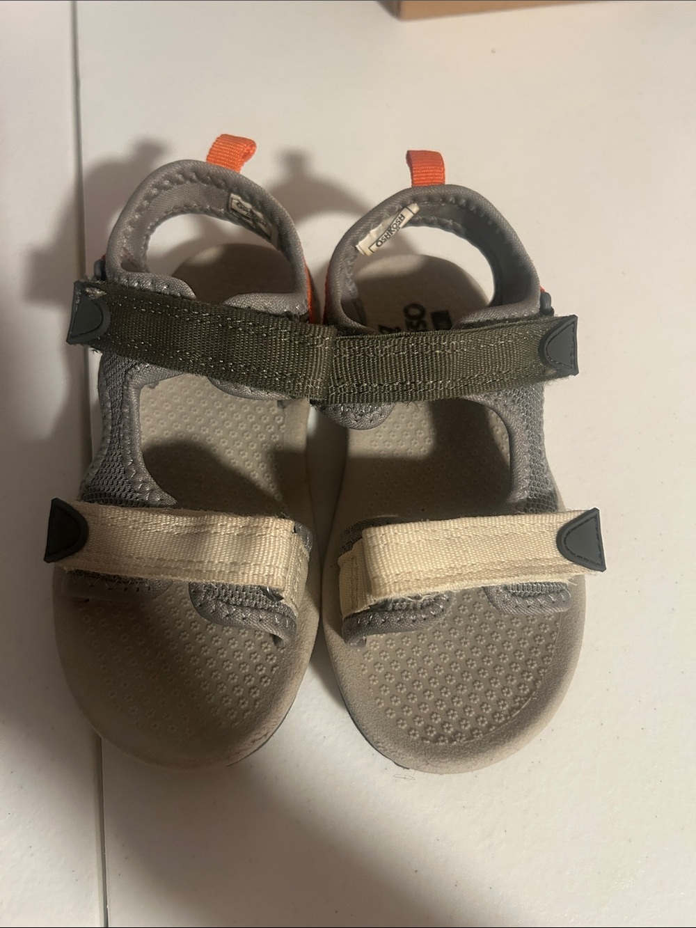 OshKosh B'gosh Gray, Olive and Cream Kids Sandals with Orange Pull Tabs